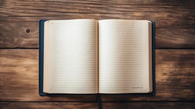 An open blank notebook lies on a rustic wooden table waiting for thoughts and ideas