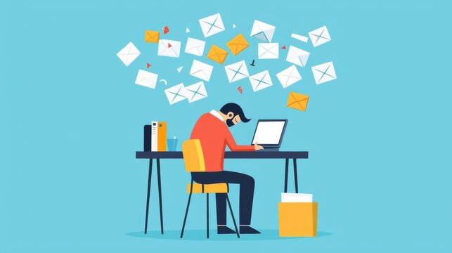 A person overwhelmed by emails while working on a laptop at a desk, showcasing the challenges of modern communication.