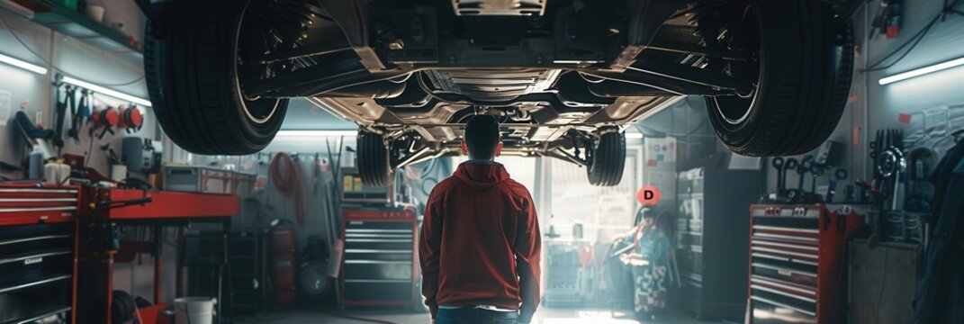 A dedicated mechanic is working under a car raised on a hoist in a bustling automotive workshop filled with tools and equipment. Generative AI