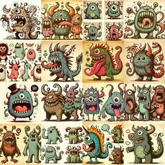 Cartoon monsters. Vintage style drawing. AI generated illustration