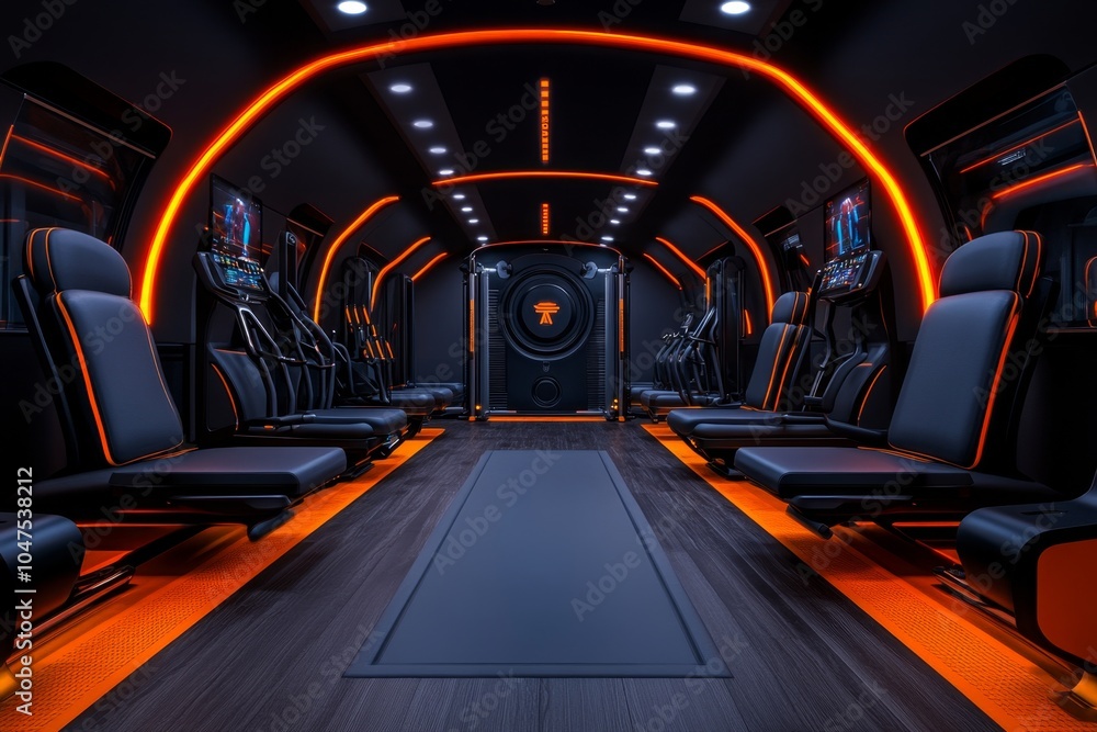 Poster A high-tech gym in a futuristic residential complex with smart exercise machines that adjust automatically to each user, holographic trainers, and a sleek, modern design, showcasing the tech