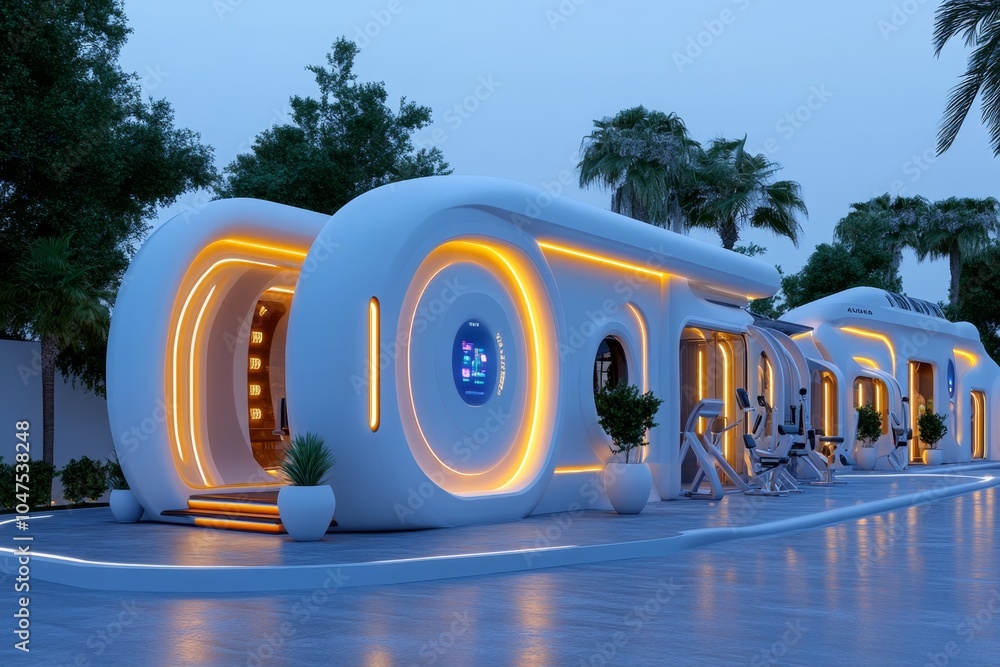 Poster A high-tech gym in a futuristic residential complex with smart exercise machines that adjust automatically to each user, holographic trainers, and a sleek, modern design, showcasing the tech