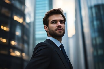 Fototapeta premium modern professional businessman in formal wear with suit and tie with urban cityscape and skyscrapers in the background