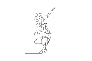 A minimalist line drawing of three people posing in a playful, dynamic arrangement.