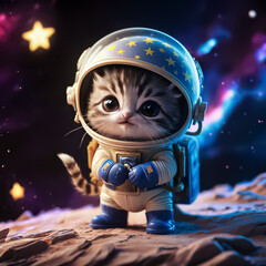 A tabby kitten in an astronaut's spacesuit and a blue helmet with stars stands on an alien planet or asteroid, dreamily looking into the distance. In the background there is a blurred space with stars