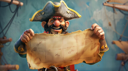 Cartoon pirate with a treasure map. private adventure travel