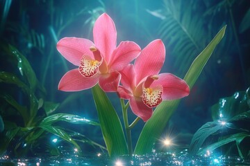 Blooming Wine Red Cymbidium Orchid in Botanical Garden Photograph
