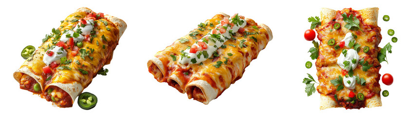 Enchiladas with various toppings isolated on transparent PNG background perfect for Mexican food promotions or party food ads.