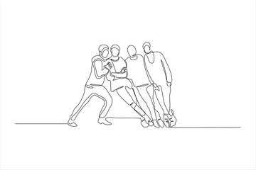 A continuous line drawing of four people leaning together, symbolizing friendship and connection.