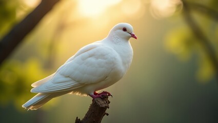 Obraz premium White dove perched on branch soft sunlight filtering through trees symbolizing peace