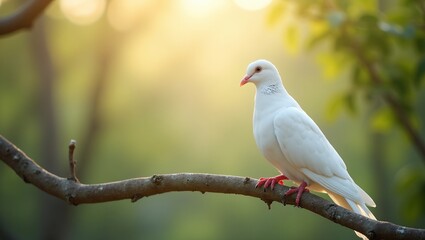 Fototapeta premium White dove perched on branch soft sunlight filtering through trees symbolizing peace