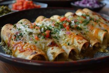 A plate of enchiladas suizas, with chicken-filled tortillas topped with a creamy green salsa and melted cheese