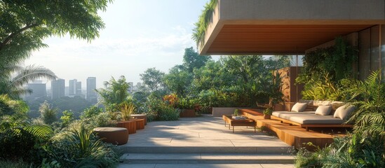 Modern patio with a stunning view of the city and lush greenery.