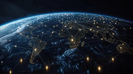 Detailed view of Earth at night showcasing global cities connected by lights and networks from space, highlighting the planet's connectivity