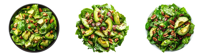 Spinach salads with avocado and nuts isolated on transparent PNG background perfect for healthy eating ads or vegetarian food promotions.