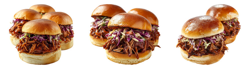 Pulled pork sliders isolated on transparent PNG background perfect for BBQ restaurant ads or party food promotions.