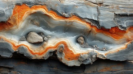 Obraz premium A close-up of a rock formation with orange, white, and gray layers, with two gray rocks embedded in the center of the formation.
