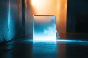 Mysterious blue-lit portal in dark corridor