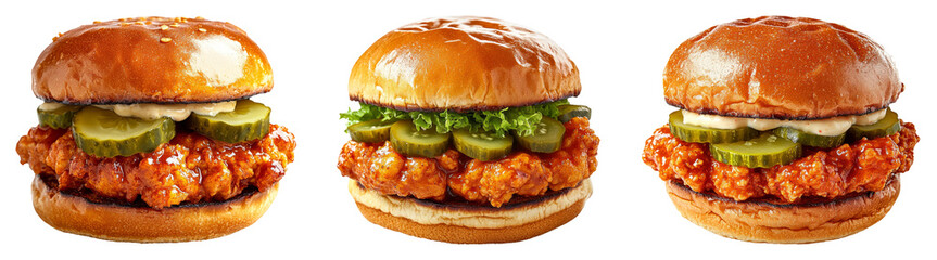 Spicy chicken sandwiches with pickles isolated on transparent PNG background perfect for fast food ads or sandwich shop promotions.