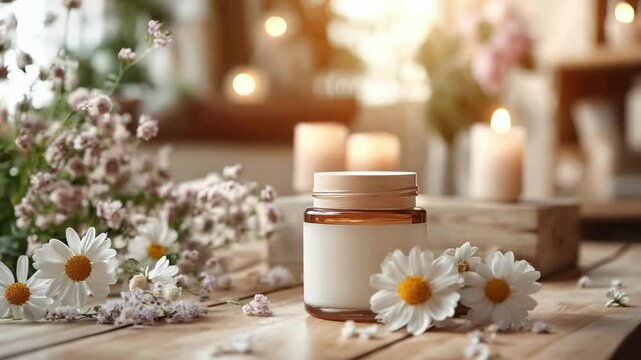 Soothing candle with daisies and soft lighting, creating a relaxing and peaceful atmosphere for self-care or aromatherapy