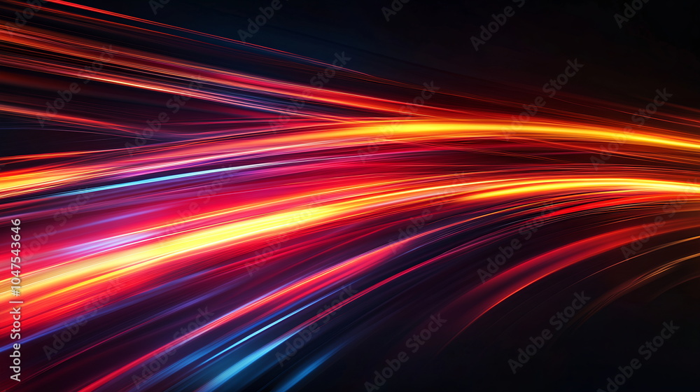 Poster abstract energy rays. fast-moving red and orange neon lines creating glowing speed trails. curved li