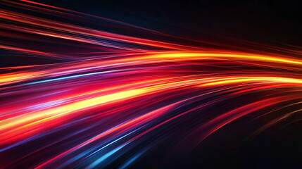 Abstract energy rays. Fast-moving red and orange neon lines creating glowing speed trails. Curved light streaks on a dark background Horizontal template color gradient, rough retro vibe shine bright