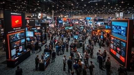 Large exhibition hall bustling with attendees exploring various displays and technology at a trade show event in the evening