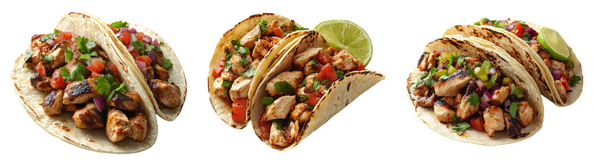 Chicken tacos with toppings isolated on transparent PNG background perfect for Mexican food promotions or restaurant ads.