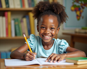 little black african girl smiling, writing with pencil in notebook on the desk, studying .
