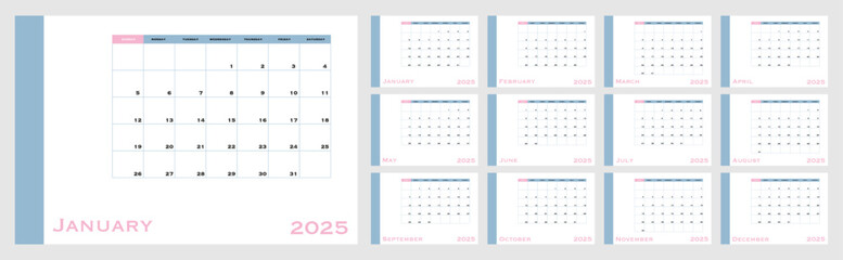 Vector illustration. Calendar for 2025. Perfect for your workplace design,  screensavers, covers, cards, invitations and posters.