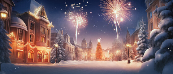 Snow covered winter town in night, fireworks background. New year evening celebrations illustration. Generative AI