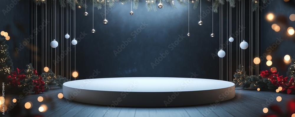 Poster elegant minimalistic stage setup decorated with festive elements and soft lighting for a holiday cel