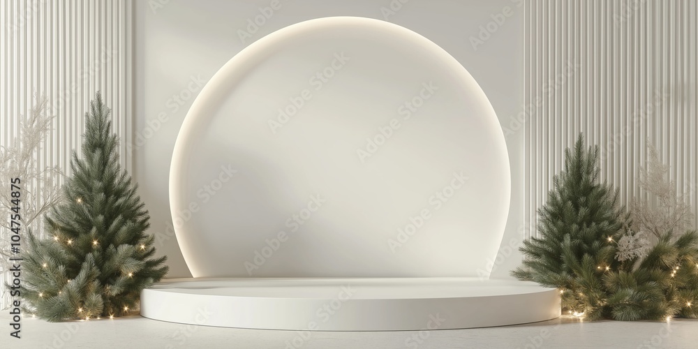 Poster a minimalistic design featuring a circular backdrop with evergreen trees adorned with soft lights in