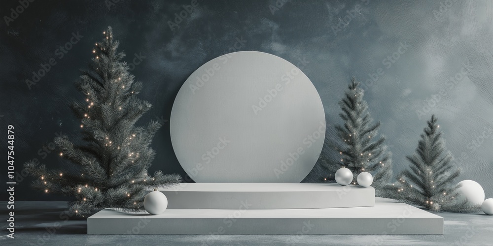 Poster minimalist christmas setting with lush evergreen trees and round display on a smooth platform creati