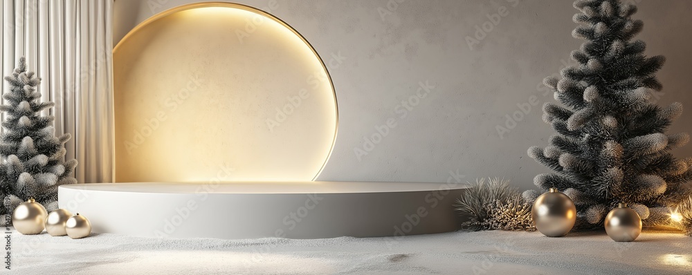 Poster a serene winter setting featuring minimalistic stage design with soft lighting golden ornaments and 