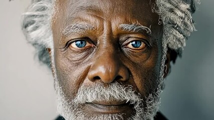 Elderly man with gray hair and intense blue eyes, looking directly at the camera, portraying wisdom and life experience