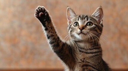 Playful tabby kitten raising its paw in a cozy indoor setting during the afternoon light