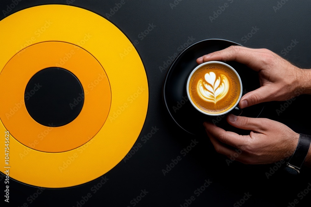 Poster abstract minimalist depiction of a person enjoying a morning coffee with geometric shapes representi