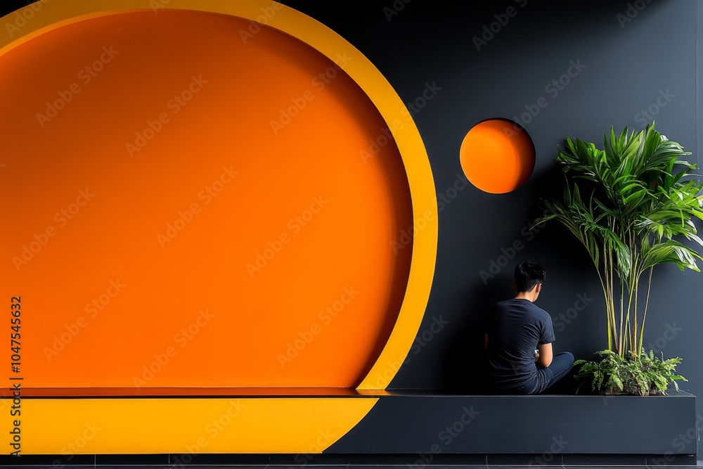 Poster abstract minimalist depiction of a person enjoying a morning coffee with geometric shapes representi