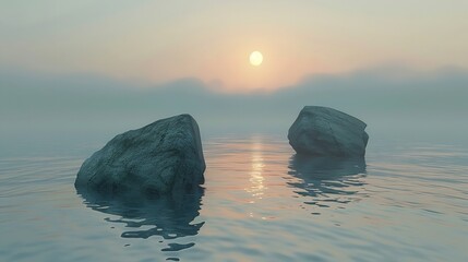 Fototapeta premium Stones on the Sea at Sunrise Querformat 3:1, Generative AI.