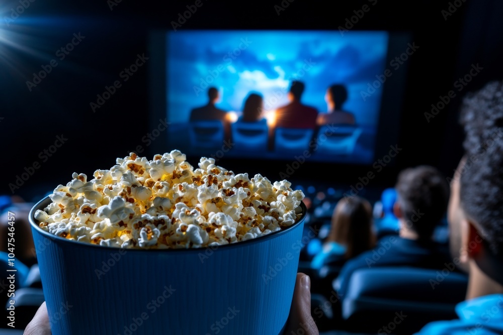 Poster hyper-realistic close-up of a movie theater screen showing a dramatic scene, with detailed textures 