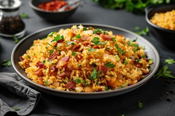 A plate of farofa, toasted cassava flour mixed with bacon, onions, and herbs, served as a side dish.