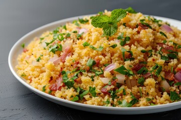A plate of farofa, toasted cassava flour mixed with bacon, onions, and herbs, served as a side dish.