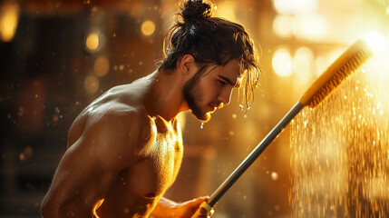 Banner of Strength: Man Washing Car Muscular Physique against Golden Sunset Glow Energy Action Muscles Highlighted Scene Radiating Power