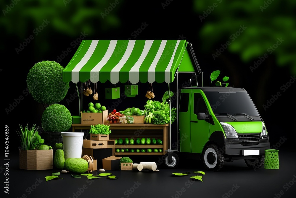 Poster Minimalist design of a market stall with simple lines and geometric shapes representing fresh produce and small goods, symbolizing the simplicity and structure of market life