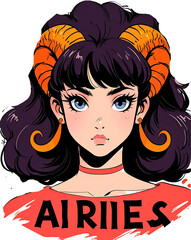 Aries Astrological zodiac horoscope illustration sign as a portrait beautiful girl with long hair and Horn.