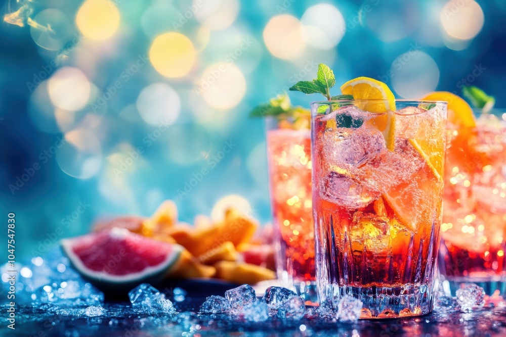 Poster bright and colorful cocktails sit on a table alongside fresh fruit slices and delicious snacks, crea