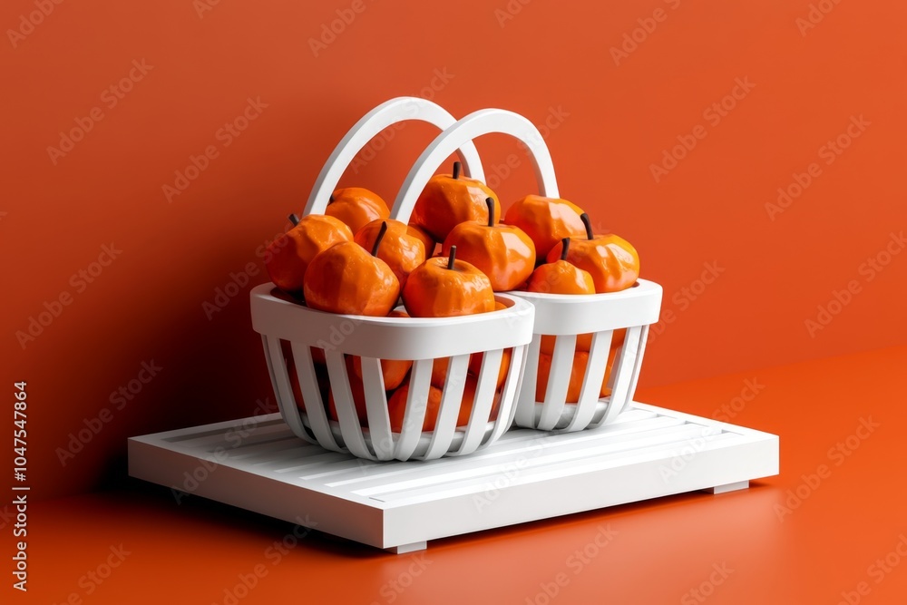 Poster minimalist geometric depiction of a farmers' market with simple shapes representing baskets of fruit
