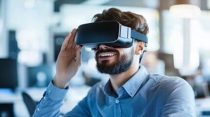 A man in a shirt interacting with virtual reality, holding a VR headset, modern tech and entertainment concepts
