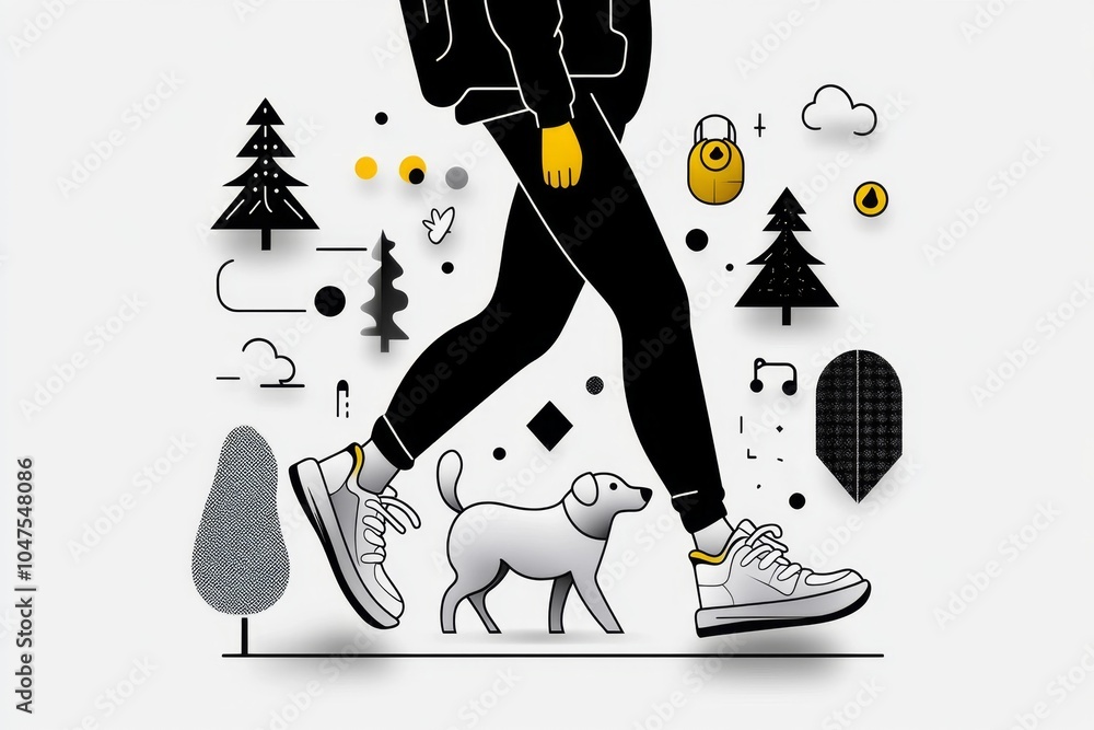 Poster minimalist line art of a person walking through a park on their commute, with clean lines and geomet